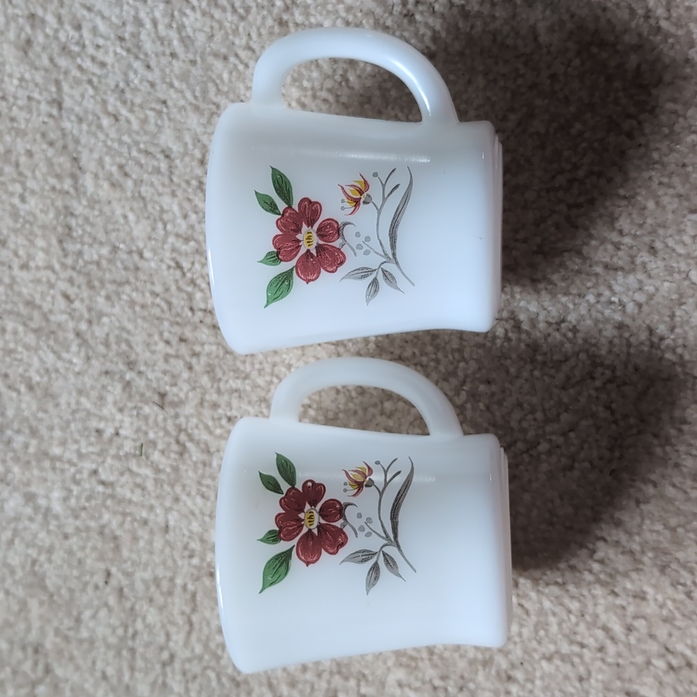Set of 2 Glasbake Thank you Floral Milk Glass Mugs